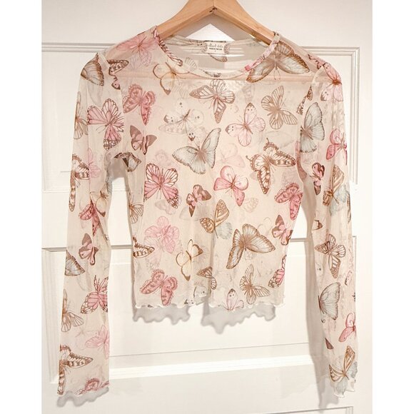 Altar'd State Butterfly Mesh Long Sleeve Brown / Pink Top Sz S - Picture 1 of 3